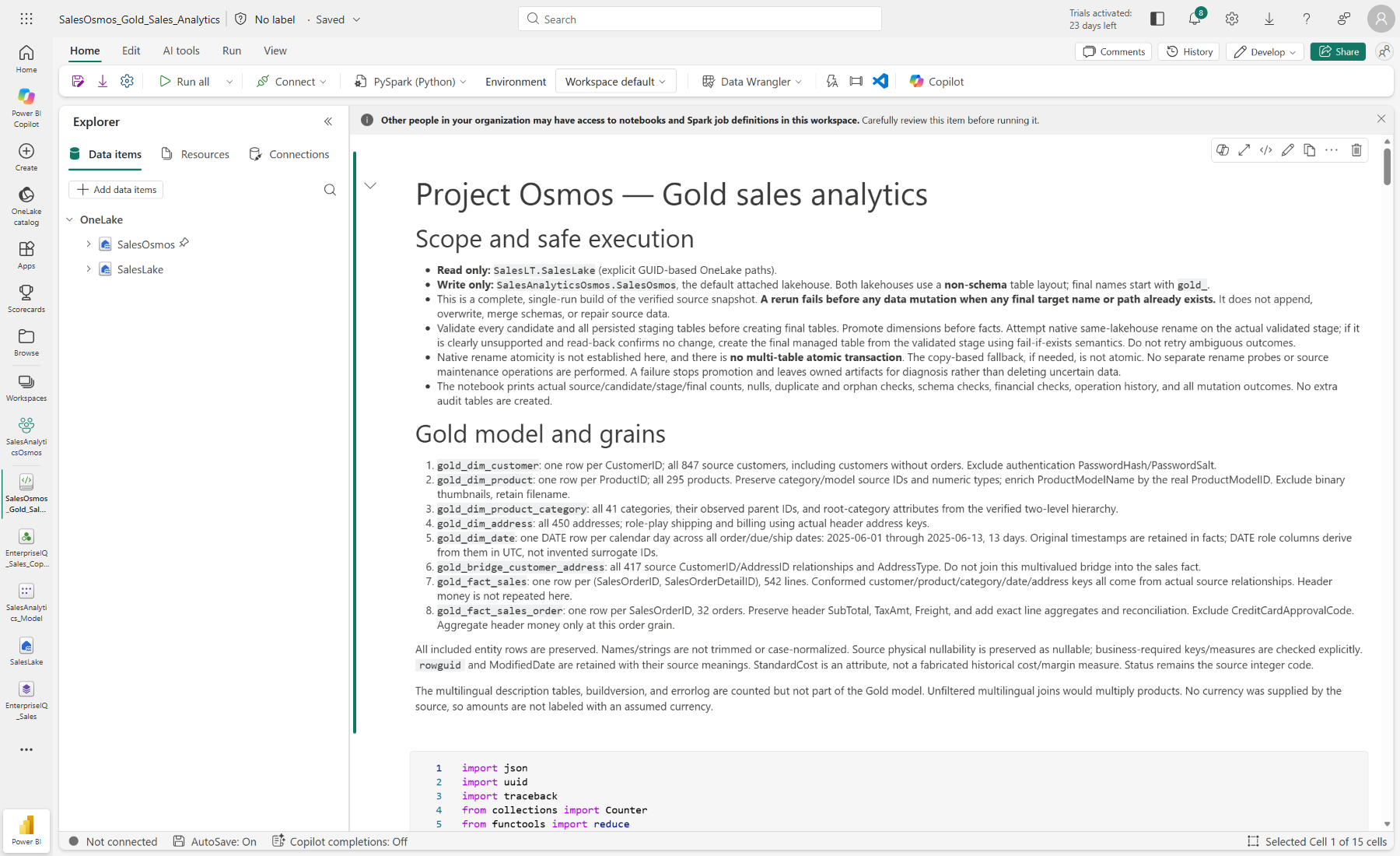 Published Project Osmos notebook in Fabric