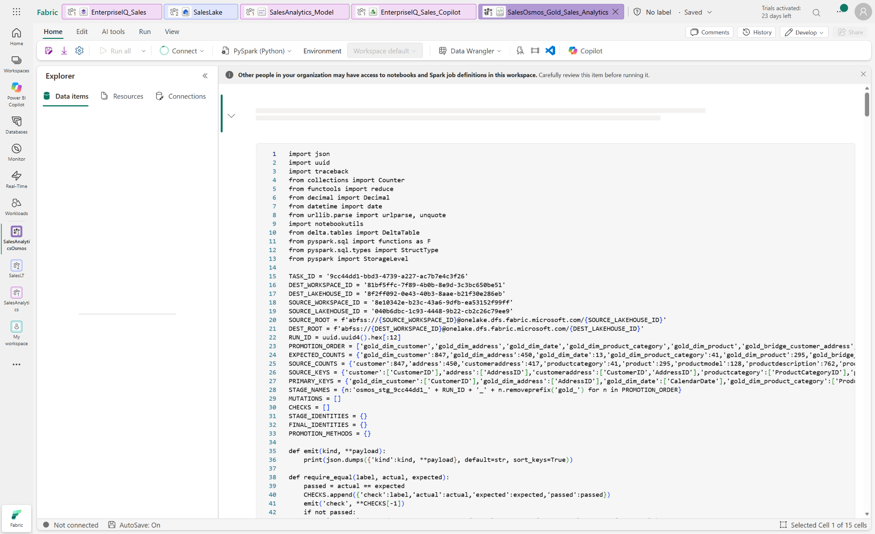 Fabric notebook and destination context